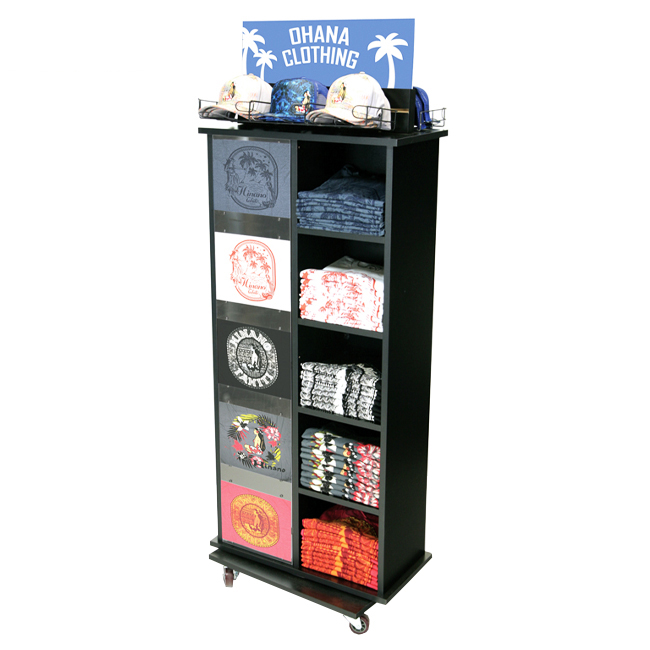 https://www.tp-display.com/advertising-floor-customized-melamine-board-grain-with-wood-texture-t-shirt-hat-clothing-rack-display-shelving-product/
