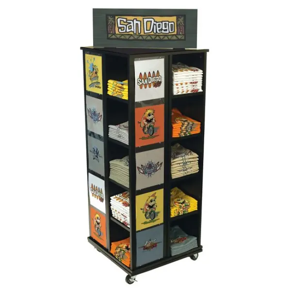 Fashion Modern Wood Clothes Shop T Shirt Display Rack 4 Sided Rotating With Wheels