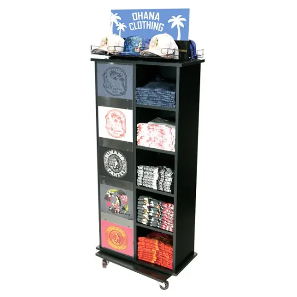 Advertising Floor Customized Melamine Board Grain With Wood Texture T Shirt Hat Clothing Rack Display Shelving