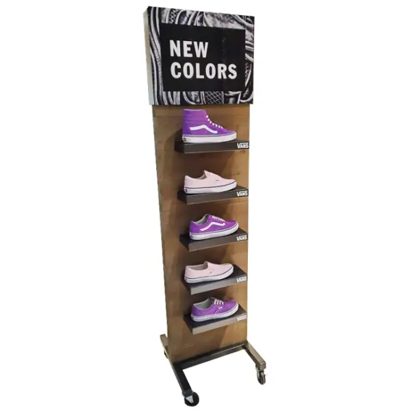 WANS Leisure Casual Shoes Promotion Double Sided Custom Retail Wood Display Stand With Metal Shelves