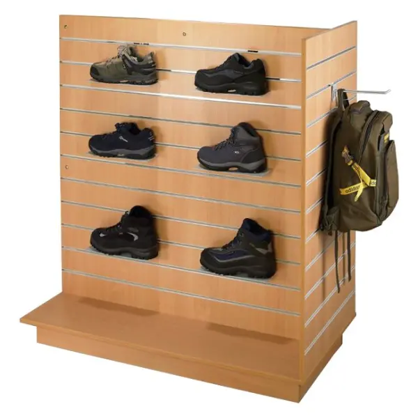 3 Sided Wholesale Slatwall Floor Wood Display Stand With Hooks And Holders For Shoe And Backpack Promotion