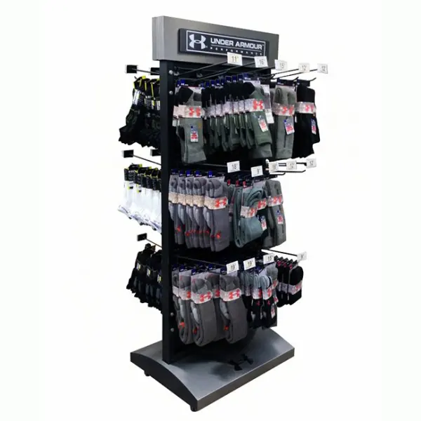 Garment Shop Customized Sports Sock Floor Standing Double Sided Display Stands With Hooks For Advertising