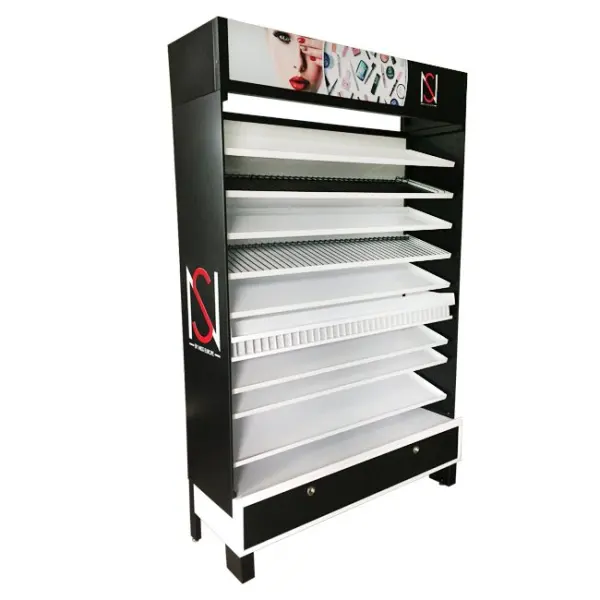 NS Cosmetics Makeup Lash Brush Nail Polish Metal Free Standing Retail Store Shelves With Drawers