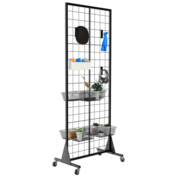 Retail Customized Floor Standing Double Sided Metal Wire Grid Wall Displays Rack For Commodity Plants Hat With Baskets