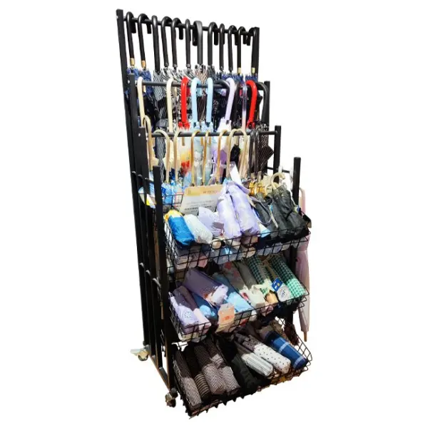 Boutique Store Folding And Straight Umbrella Retail Metal Rack Tube Floor Display Stand With 3 Wire Shelves And Wheels