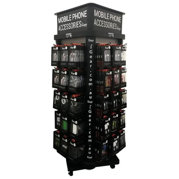 Retail Store Mobile Phone Accessories Charger Earphone Data Cable Phone Case 4 Sided Wood Display Rack With Hooks