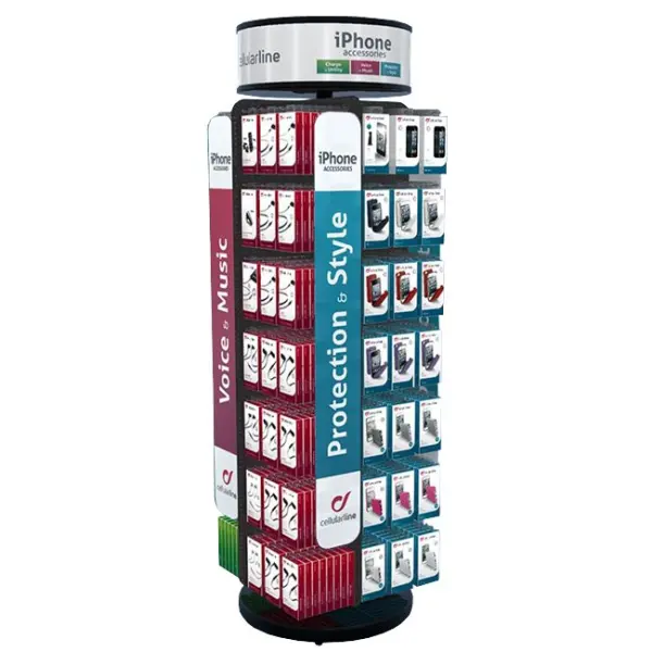 Phone Accessories Earphone Bluetooth Headset 4 Sides Rotating Metal Floor Display Rack With Hooks