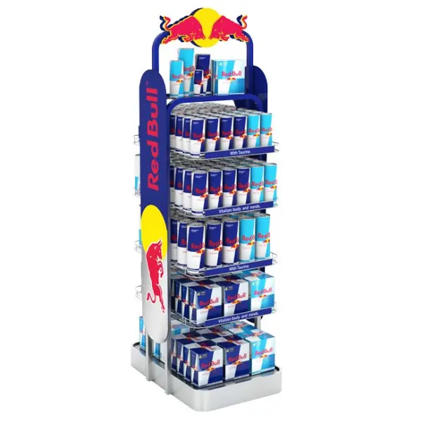 Red Bull Supermarket Double Sided Functional Beverage Drinking Retail Stands Display With Shelves