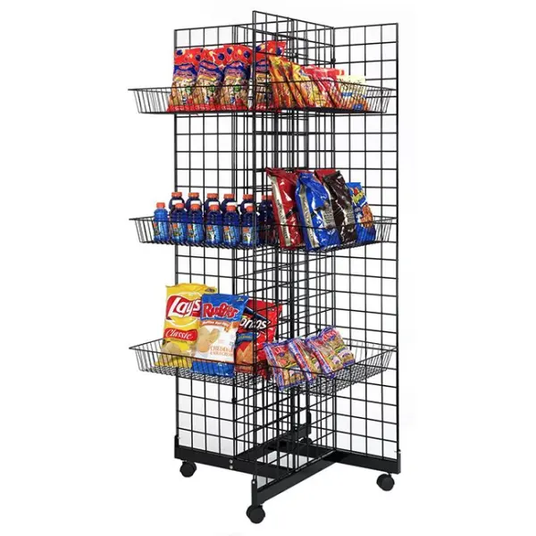 – 4 Sided Design Metal Wire Panels And 12 Baskets Standing Display Rack With Wheels For Snacks And Beverage