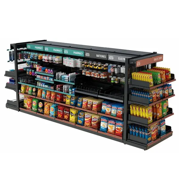 Pop Floor Warehouse Retail Store Snacks Chips 4 Sided Gondola Shelves Counter Displays For Promotion