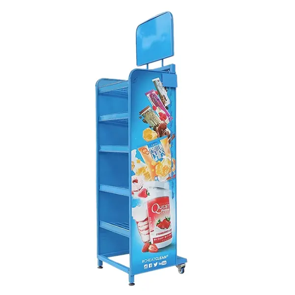 CHEATCLEAN Light Duty Dessert Snacks Chips Metal Wire Flooring Display Grid Shelving Stands With Wheels For Advertising