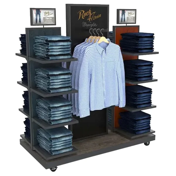 Apparel display gondola for jeans and shirts
