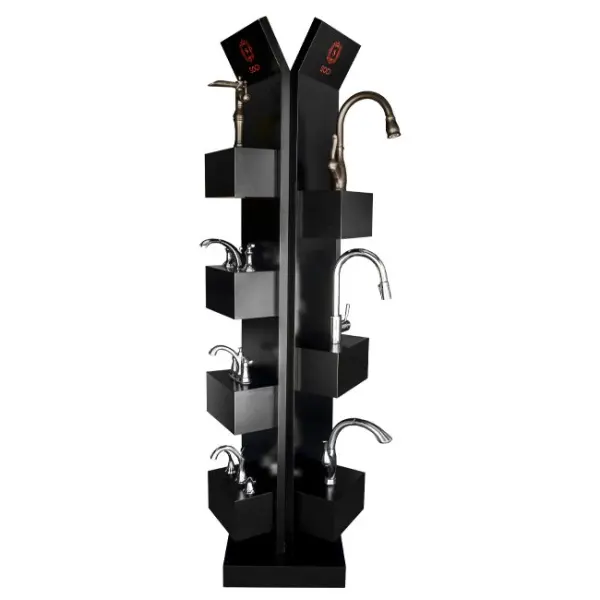 Factory Customized Advertising Sanitary Ware Faucet Wooden 3 Sided Standing Display Rack With Shelving