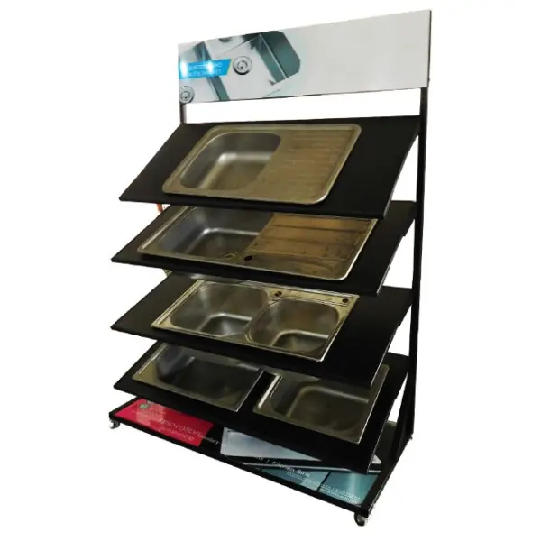 Customized Retail Sink Wash Basin Metal And Melamine Board Black Color 4 Shelving Display Rack